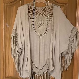 Trendy boutique Beige Crochet Fringe Kimono Cape